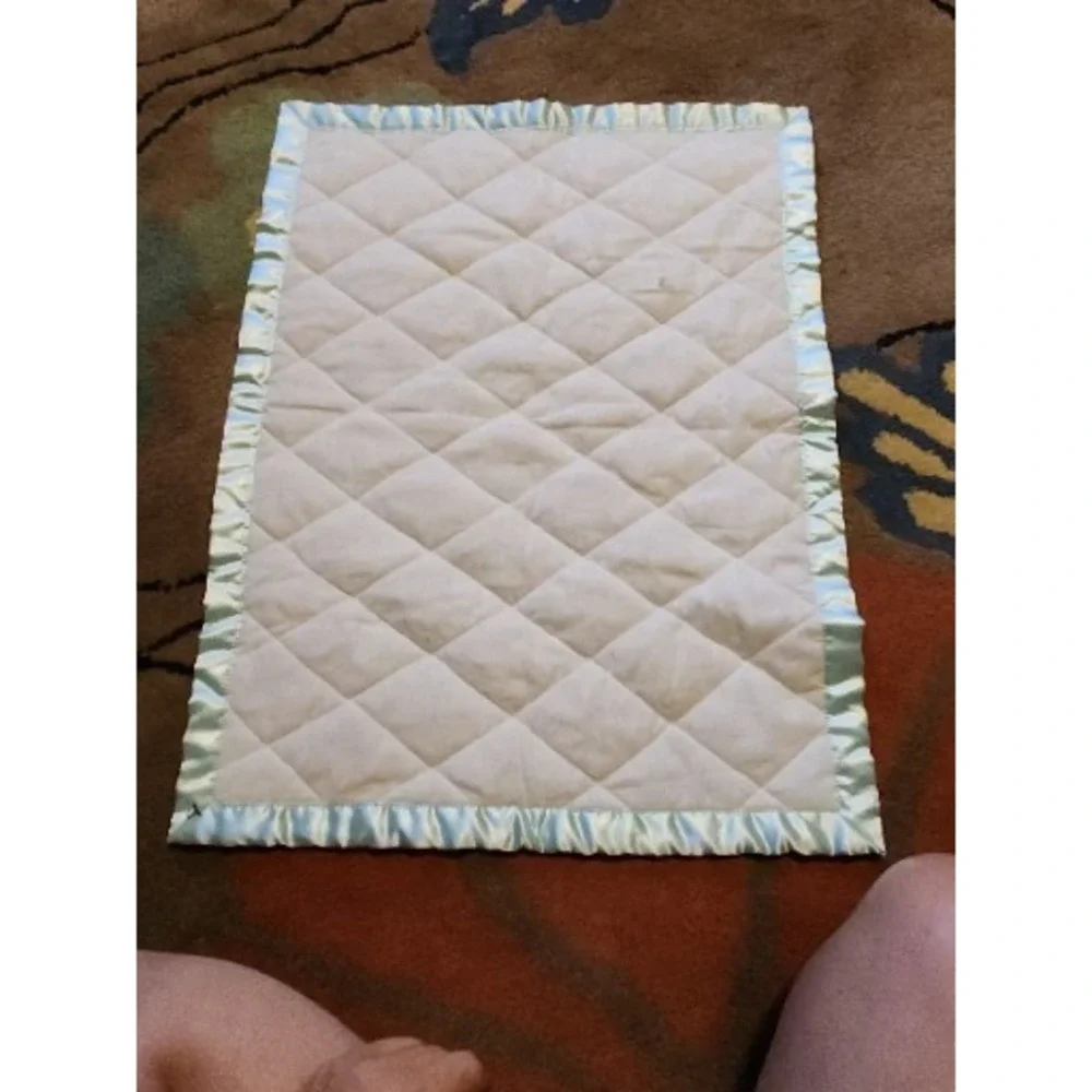 My Way Babies White Plush Baby Security Blanket w Green Satin Edge‎ Some Stains